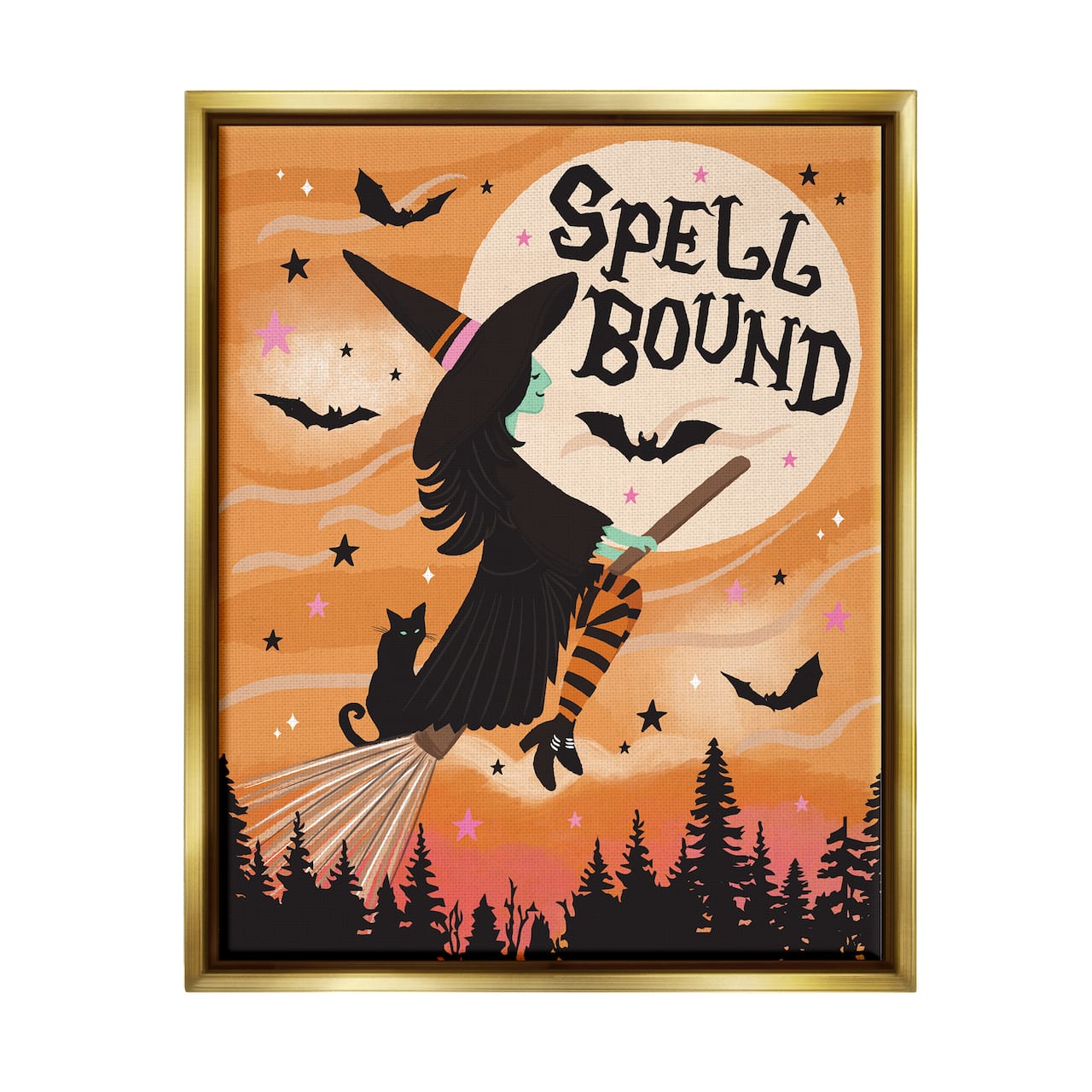 Stupell Industries Spell Bound Witch Flying Moonlit Sky Framed Floater Canvas Wall Art